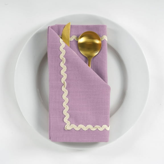 FINGERCRAFT Cloth Napkins Cotton, Set of 6, Mitered Corners with RIC Rac Lace, Washable Napkins Cloth Lavender