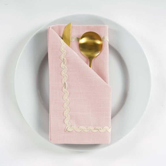 FINGERCRAFT Cloth Napkins High GSM Cotton, Set of 6, Mitered Corners with RIC Rac Lace, Washable Napkins Cloth Pink