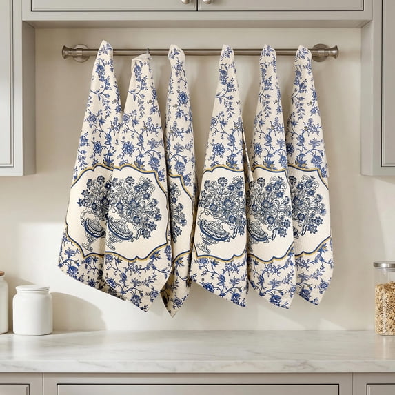 FINGERCRAFT Kitchen Towels, 100% Natural Cotton Waffle, Set of 6 Multi-Purpose Kitchen Cloth Very Soft Highly Absorbent Tea Towels for Home and Kitchen 20in X 30in Blue Pottery