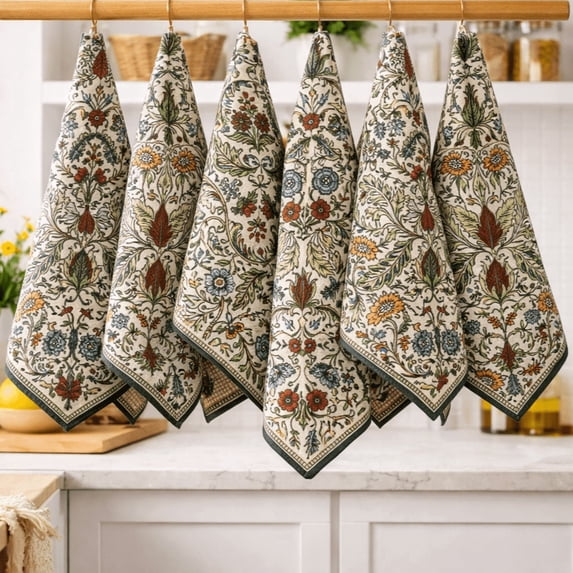 FINGERCRAFT Kitchen Towels, 100% Natural Cotton Waffle, Set of 6 Multi-Purpose Kitchen Cloth Very Soft Highly Absorbent Tea Towels for Home and Kitchen 20in X 30in Botanical Garden