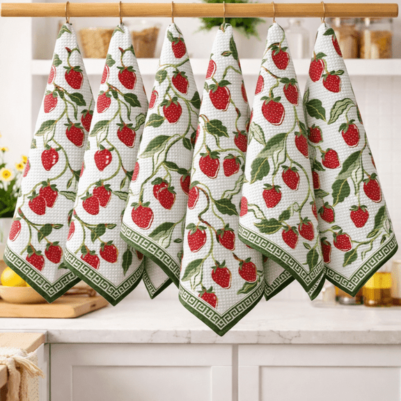 FINGERCRAFT Kitchen Towels, 100% Natural Cotton Waffle, Set of 6 Multi-Purpose Kitchen Cloth Very Soft Highly Absorbent Tea Towels for Home and Kitchen 20in X 30in Strawberry Print