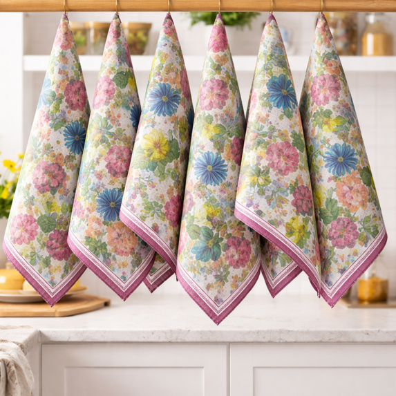 FINGERCRAFT Kitchen Towels, 100% Natural Cotton Waffle, Set of 6 Multi-Purpose Kitchen Cloth Very Soft Highly Absorbent Tea Towels for Home and Kitchen 20in X 30in Vintage Floral