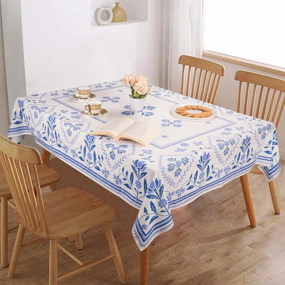 FINGERCRAFT Tablecloth, High GSM Cotton Fabric, Distinctive Printed Design Table Cover, Blue Damask (72in)