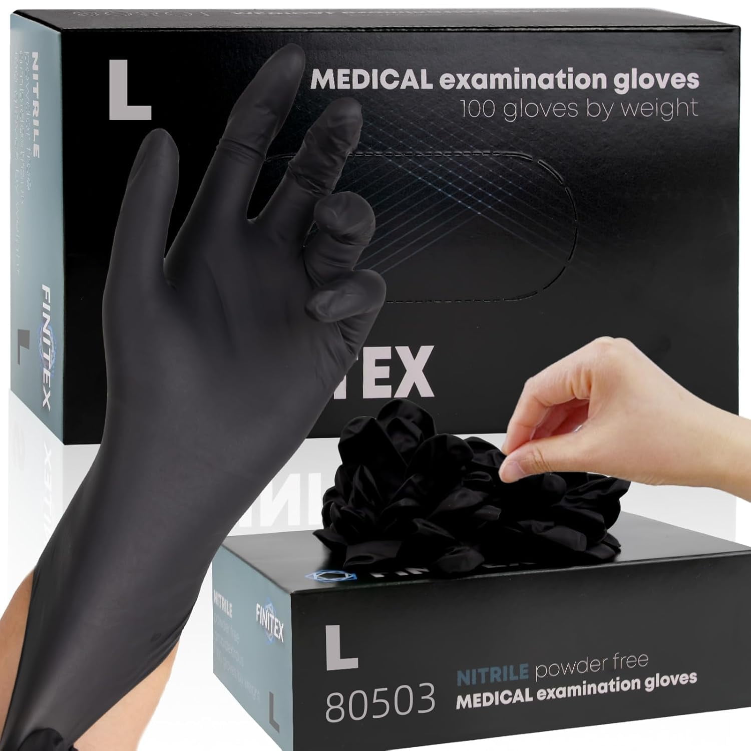 FINITEX Chemical-Resistant 5 Mil Hypoallergenic Nitrile Disposable Gloves, Large, Black, 100 Count