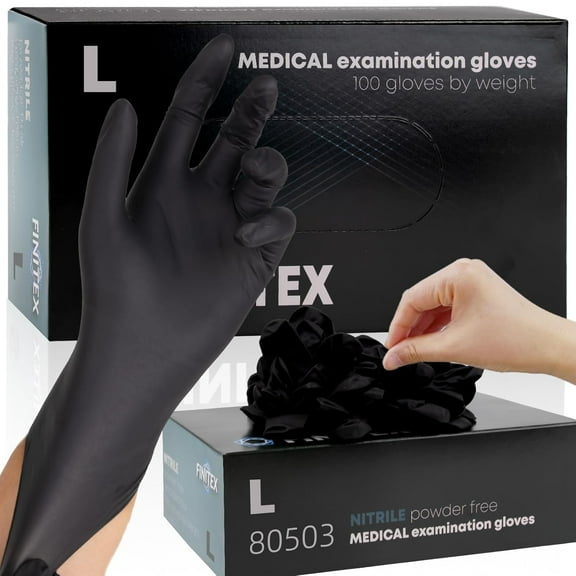 FINITEX Chemical-Resistant 5 Mil Hypoallergenic Nitrile Disposable Gloves, Large, Black, 100 Count