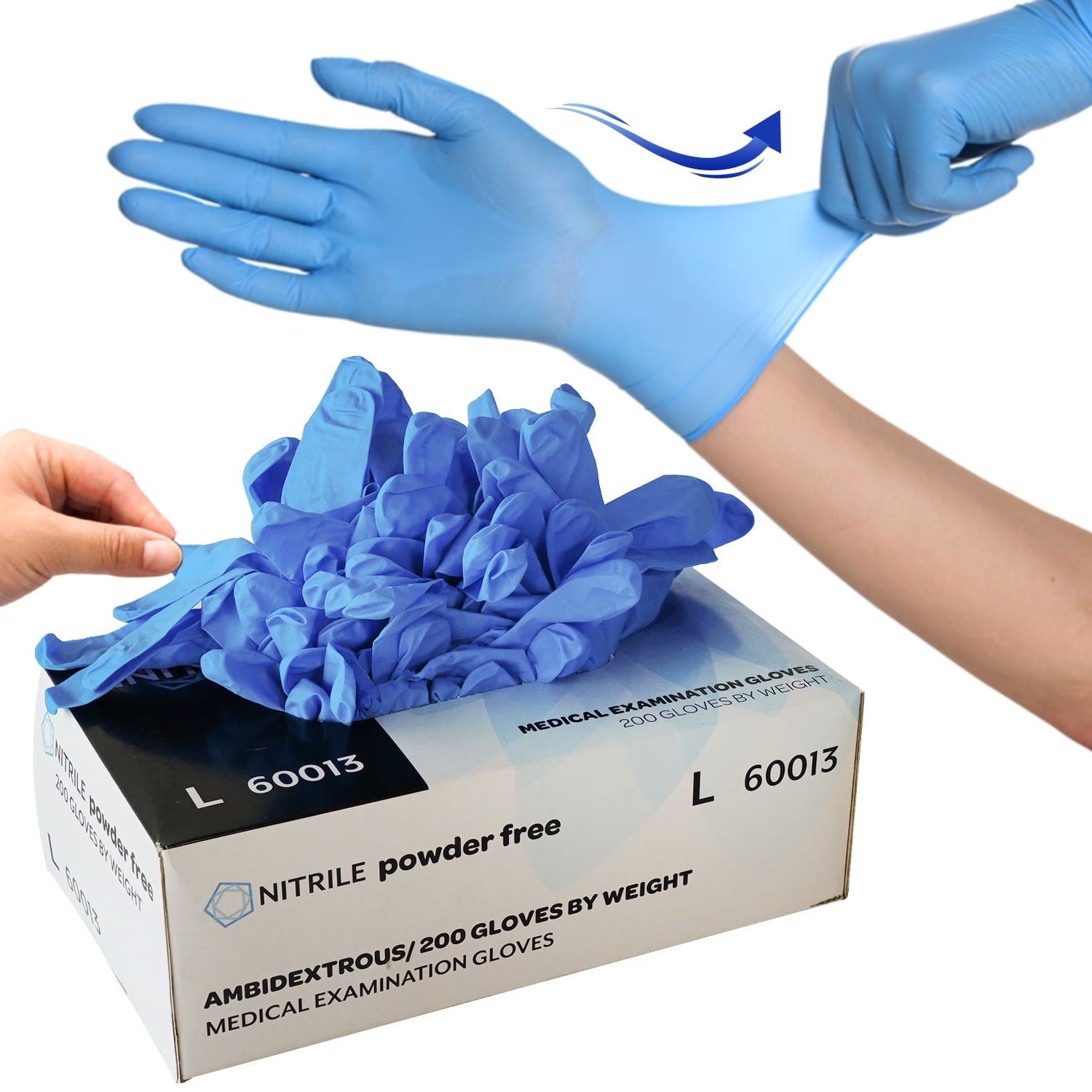 FINITEX Disposable Nitrile Gloves, Blue Medical Exam Glove 200 Count, Powder Free, Latex Free, Food Safe Work Nitrile Cleaning Gloves, Large