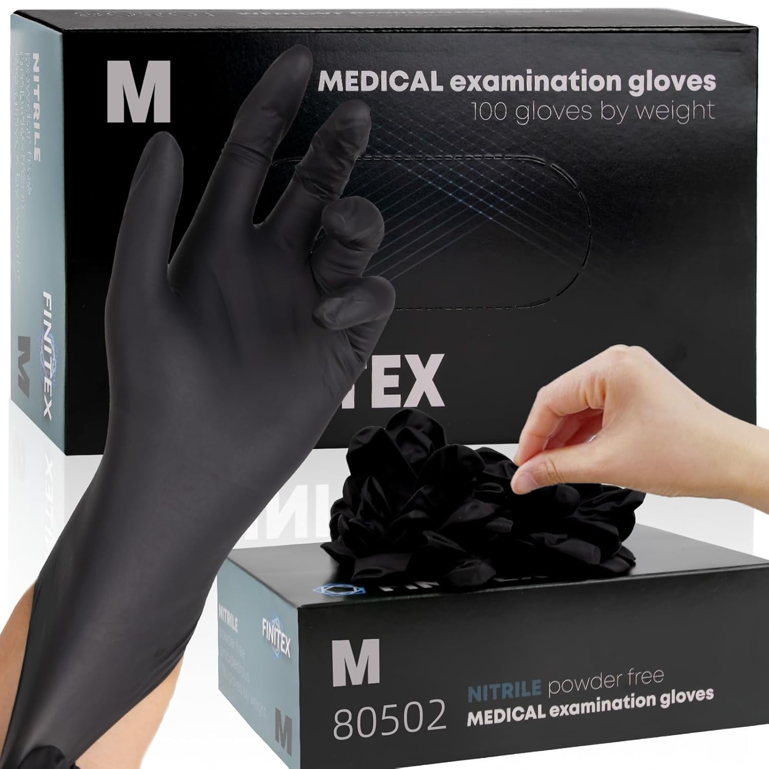 FINITEX Nitrile Gloves, 5 Mil Black Industry Gloves 100 Count, Powder Free, Food Grade Cooking Work Disposable Gloves, Medium