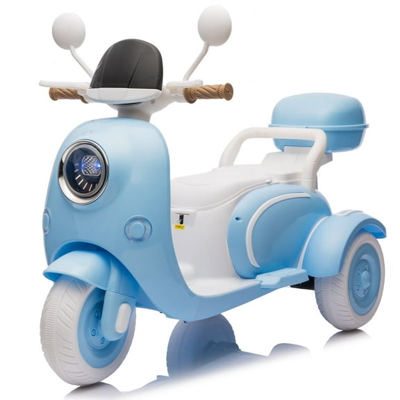 FINITO 12V 2 Seater Kids Electric Motorcycle, 3 Wheel 2WD Electric Bike with Storage Box, Bluetooth Music, LED Light Blue