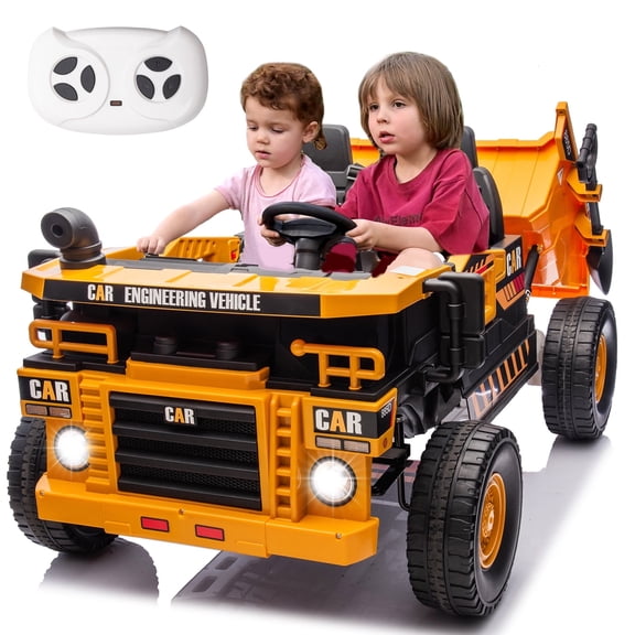 FINITO 12V 10Ah Ride on Tor for Toddlers, Powerful 4 Wheels Electric Dump Truck, 2 Seater Kids Ride on Car w/Parent Remote Control, Music, up to 5MPH, Yellow