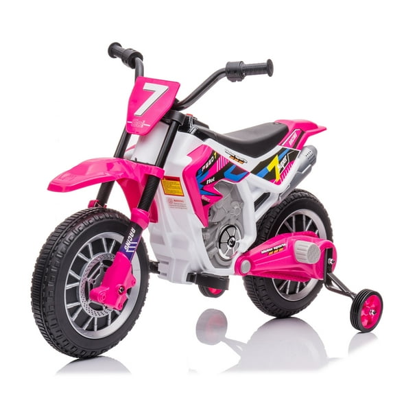FINITO 12V Kids Ride on Motorcycle 4 Wheels Battery Powered Car Toy with 2 Training Wheels Music Player Electric Motorbike Gift for Boys Girls Age 3+, Rose Red