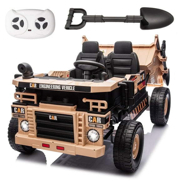 FINITO 24 Volt Ride on Car with Remote Control, Ride on Construction Vehicle 4 Powerful Motors, 20" 2 Seater Side by Side w/ Dump Bed, Beige