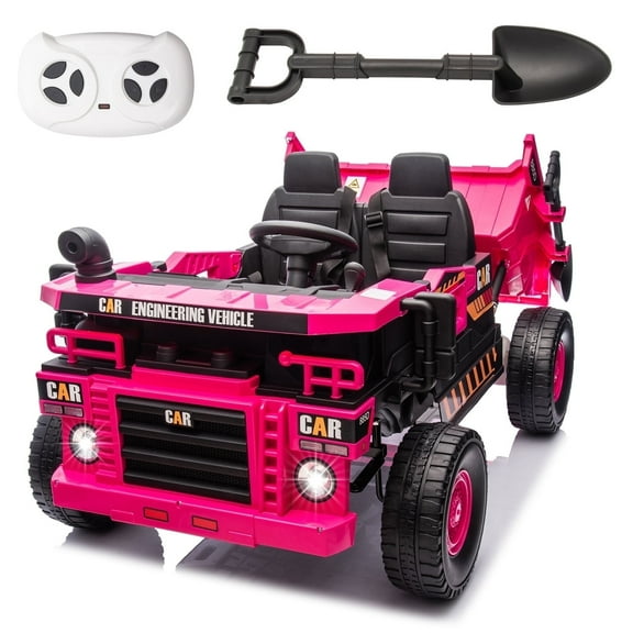 FINITO 24V 8Ah Ride on Toy for Toddlers, 4WD 4 Wheels 2 Seater Electric Ride on Dump Truck w/Parent Remote Control,  Shovel, Pink