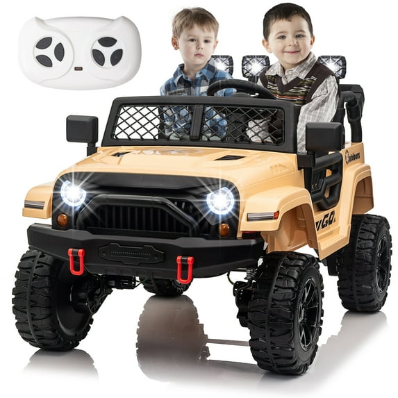 FINITO 24V Kids Ride On Car 2-Seater Jeep 4WD Electric Toy Car 4 Wheels Battery Powered Truck with Remote Control Bluetooth Music Player Gift for Boys Girls Age 3+, Beige