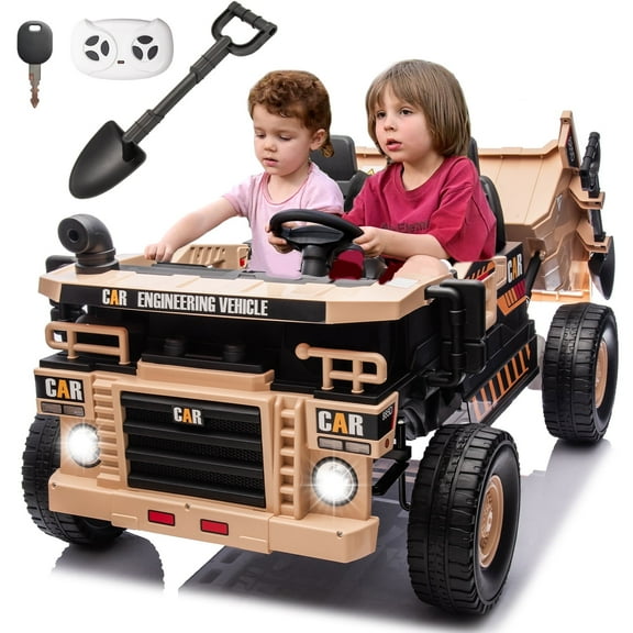 FINITO 12V 10Ah Ride on Tor for Toddlers, Powerful 4 Wheels Electric Dump Truck, 2 Seater Kids Ride on Car w/Parent Remote Control, Khaki