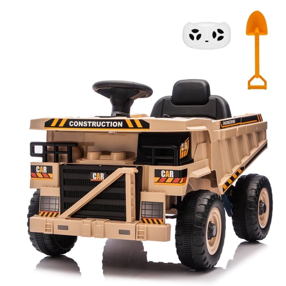 Finito 12V Ride On Construction Truck, Battery Powered Ride On Car with Remote Control, Kids Electric Vehicle with Shovel, Speaker, Bluetooth, Music,Boys Girls Gift, 3 Speeds, Khaki