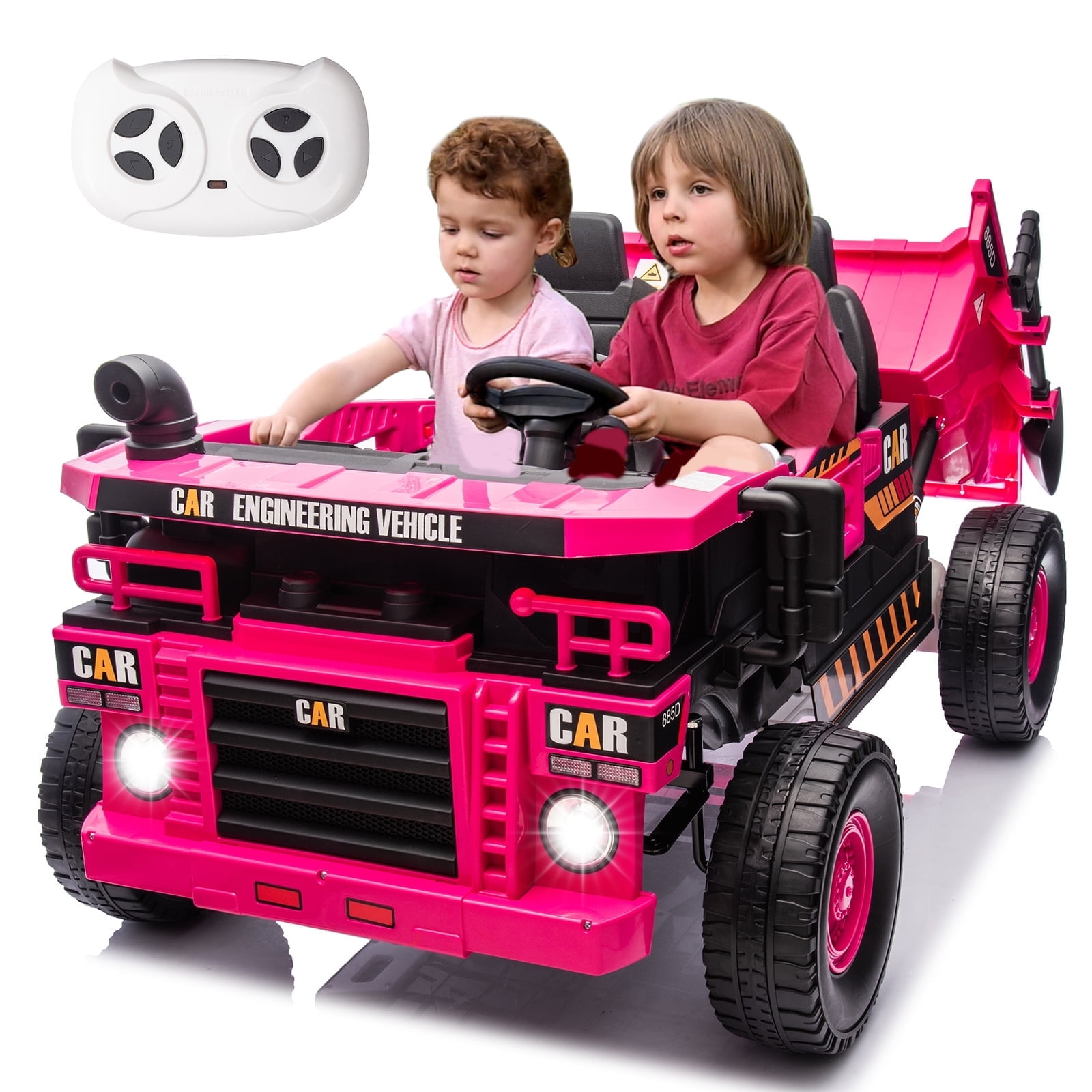 FINITO 12V 10Ah Ride on Toy for Toddlers, Powerful 4 Wheels Electric Dump Truck, 2 Seater Kids Ride on Car w/Parent Remote Control, Music Bluetooth Shove, Pink