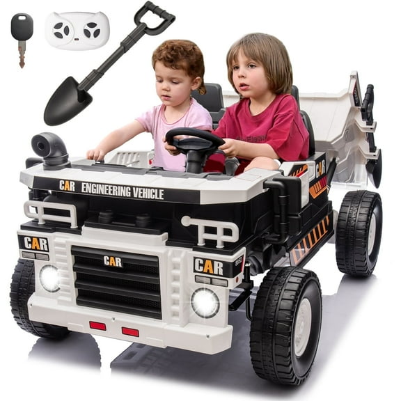 FINITO 12V 10Ah Ride on Toy for Toddlers, Powerful 4 Wheels Electric Dump Truck, 2 Seater Kids Ride on Car w/Parent Remote Control, White