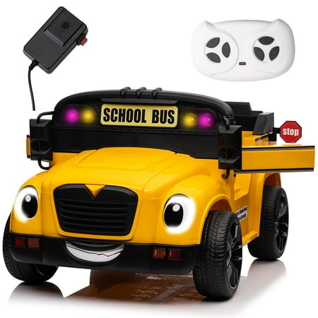 FINITO School Bus Kids Ride on Car 24V with 4 Wheels Electric Powered Car Toy with Remote Control Bluetooth Music Player LED Lights Gift for Boys Girls Age 3+, Yellow