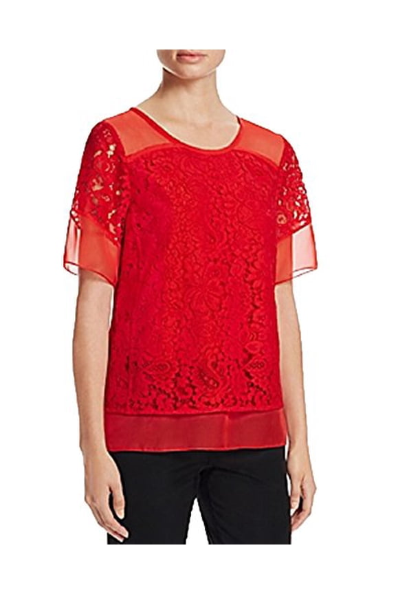 Lace Short Sleeve Top (Red, 4)