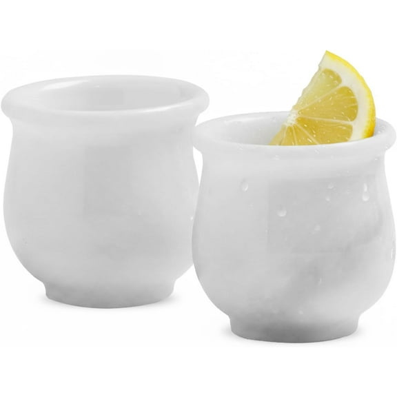 Radicaln White Marble Shot Glass Set of 2 – 2 inch Handcrafted Mini Sake Cups for Whiskey, Espresso, Liqueur – Elegant Stone Barware for Home & Gift Collection