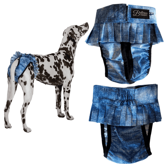 FINNERO Ballerina Dog Diaper Washable, Reusable, Leak-Proof Heat, Period & Urine Incontinence Protection Comfortable, and Stylish Design Adjustable Fit for Female Dogs XS, Denim