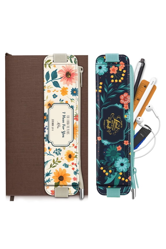 2-Pack Elastic Pencil Case for Notebook, Leather Pen Holder Stationery Zipper Bag for Pencils, Markers, Pen Pouch w/Elastic Band for Bible Journaling, Planners, Tablets