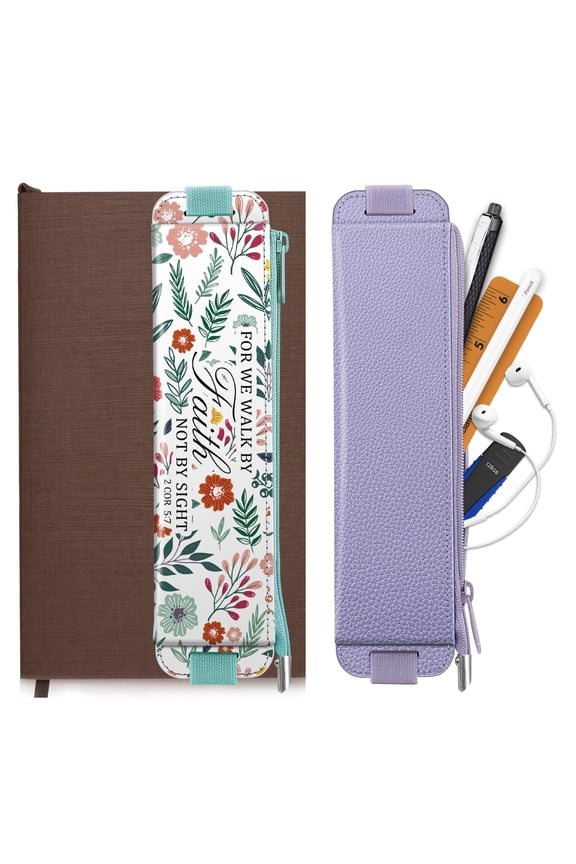 2-Pack Elastic Pencil Case for Notebook, Leather Pen Holder Stationery Zipper Bag for Pencils, Markers, Pen Pouch w/Elastic Band for Bible Journaling, Planners, Tablets