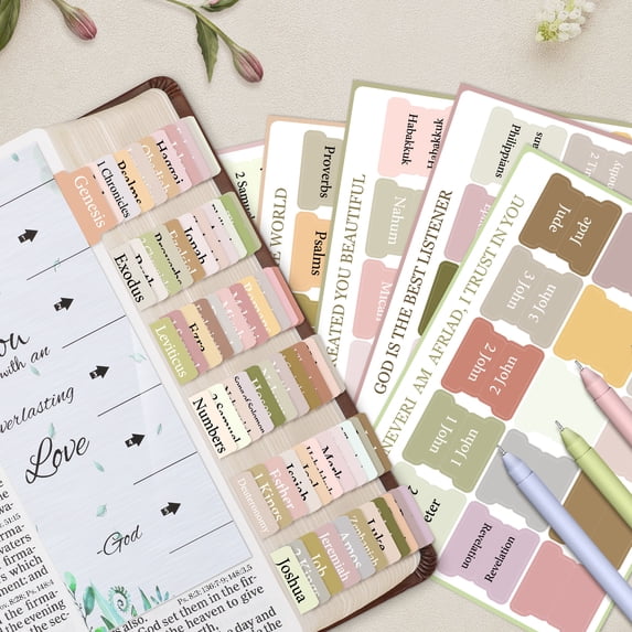 FINPAC Bible Index Tabs, Bible Old and New Testament Tabs, 75 Tabs Including 66 Named & 9 Blank Tabs, Laminated Bible Chapter Tabs for Women Men Book Study Journaling