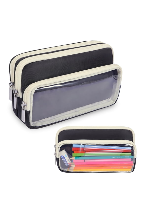 Color-Block Pencil Case Organizer - 100 Pen Capacity, Clear PVC Layer & Triple Compartments for Quick Access, Pencil Box Organizer for Study, Artists, Professionals