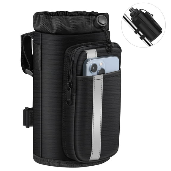 FINPAC Cup Holder for Bike, Universal Water Bottle Holder with Phone Pockets for Stroller Walker Golf Cart Rollator and Electric Scooter Handlebars, Drink Holder for Outdoor, Biking