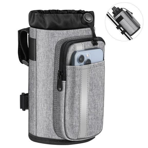 FINPAC Cup Holder for Bike, Universal Water Bottle Holder with Phone Pockets for Stroller Walker Golf Cart Rollator and Electric Scooter Handlebars, Drink Holder for Outdoor, Biking