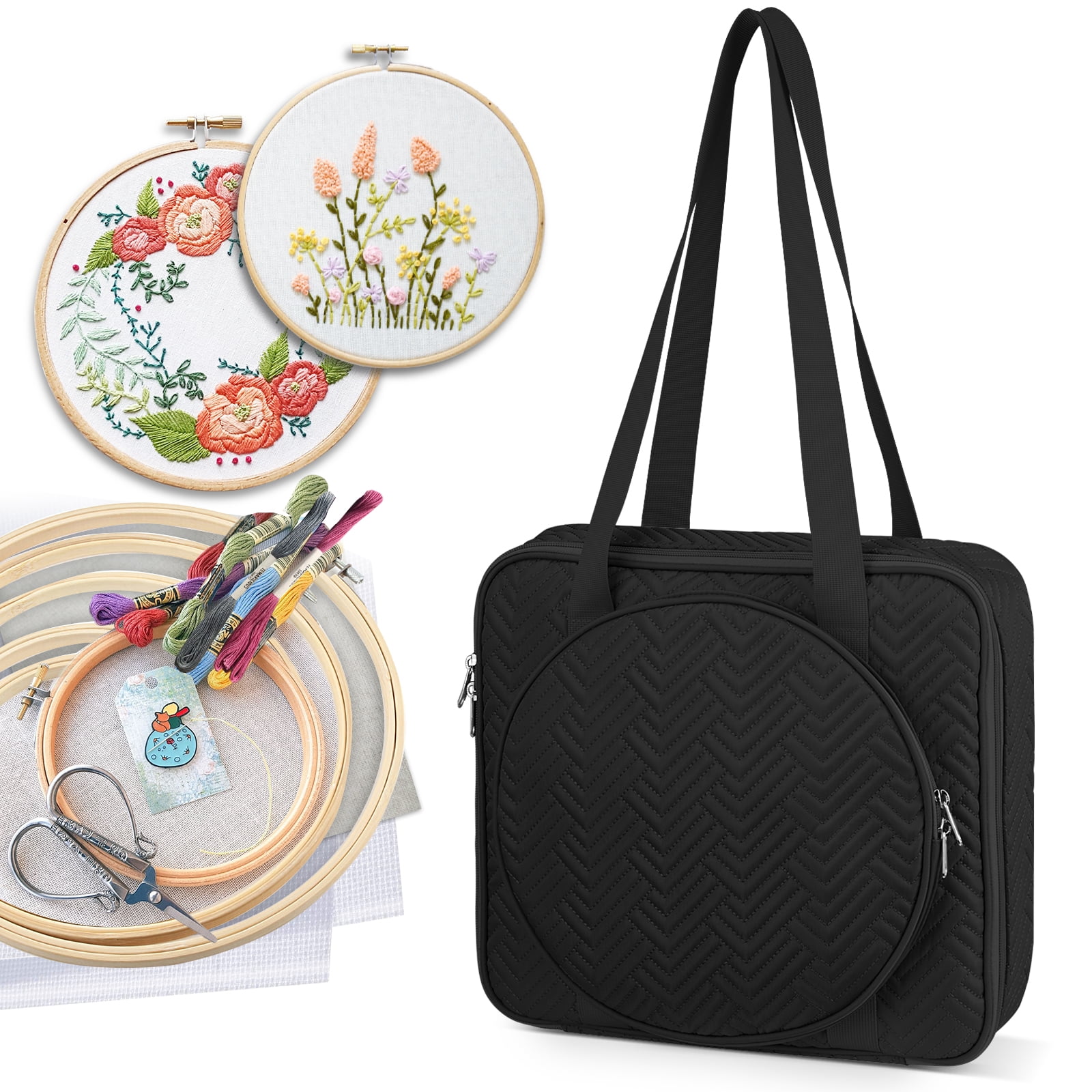 FINPAC Embroidery Bag, Cross Stitch Storage, Square Quilted Tote Organizer with Multiple Pockets for Floss, Hoops, Thread, Stitch Tools Kit [Bag Only], Black