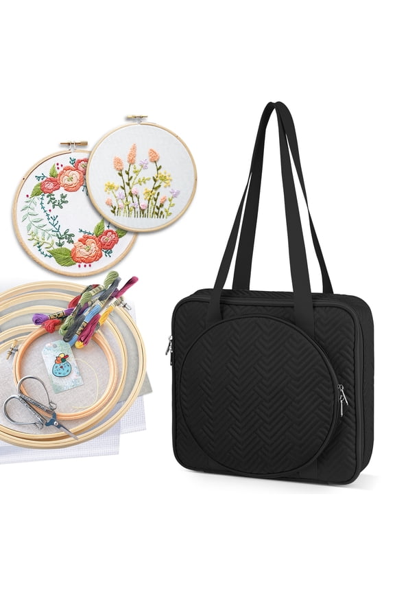 Embroidery Bag, Cross Stitch Storage, Square Quilted Tote Organizer with Multiple Pockets for Floss, Hoops, Thread, Stitch Tools Kit [Bag Only], Black