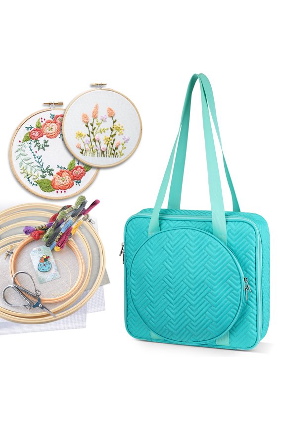 Embroidery Bag, Cross Stitch Storage, Square Quilted Tote Organizer with Multiple Pockets for Floss, Hoops, Thread, Stitch Tools Kit [Bag Only], Green