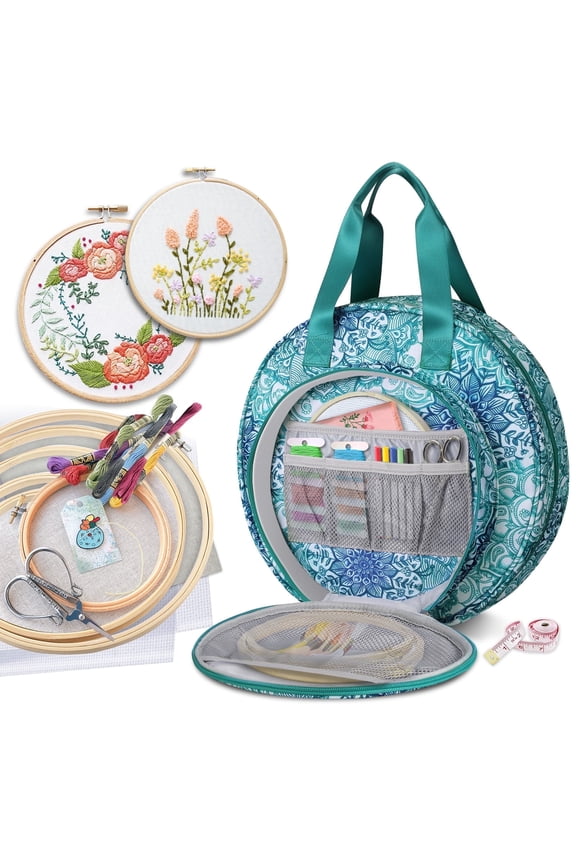 Embroidery Project Bag, Embroidery Supplies Storage Carrying Tote Case with Multiple Pockets for Embroidery Floss, Embroidery Hoops, Thread, Stitch Tools Kit (Carrying Case only)