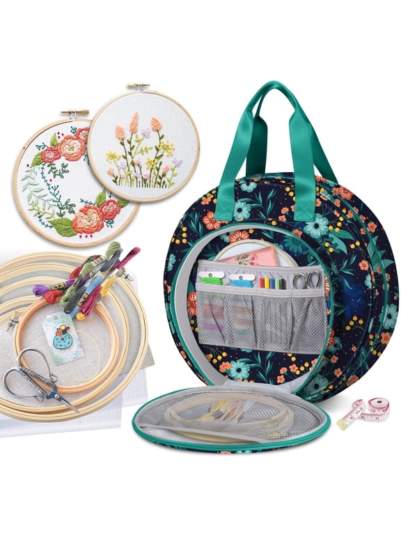 Embroidery Project Bag, Embroidery Supplies Storage Carrying Tote Case with Multiple Pockets for Embroidery Floss, Embroidery Hoops, Thread, Stitch Tools Kit, Navy Bloom (Carrying Case only)