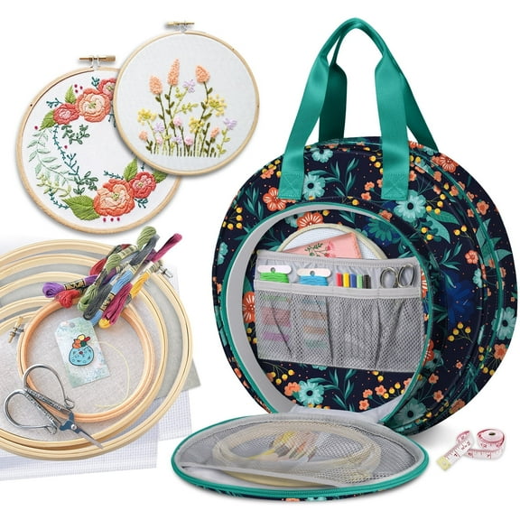 FINPAC Embroidery Project Bag, Embroidery Supplies Storage Carrying Tote Case with Multiple Pockets for Embroidery Floss, Embroidery Hoops, Thread, Stitch Tools Kit, Navy Bloom (Carrying Case only)