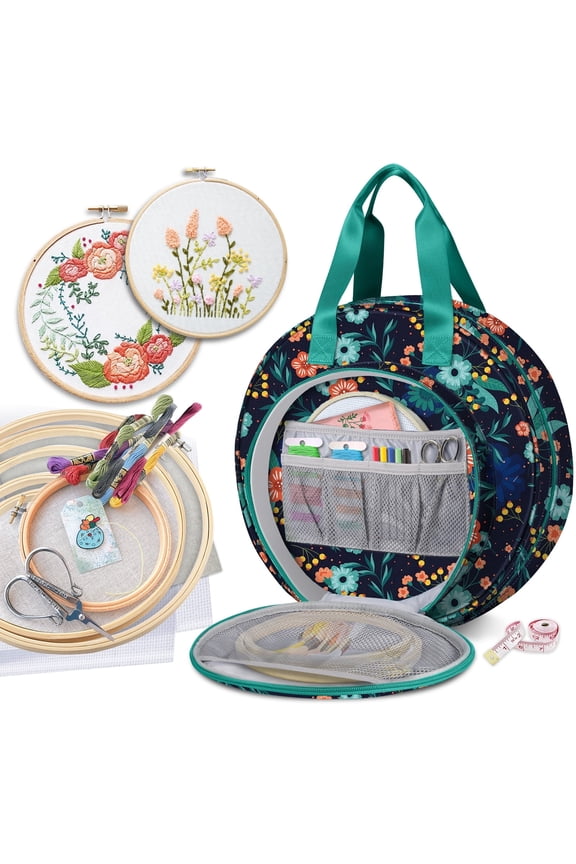 Embroidery Project Bag, Embroidery Supplies Storage Carrying Tote Case with Multiple Pockets for Embroidery Floss, Embroidery Hoops, Thread, Stitch Tools Kit, Navy Bloom (Carrying Case only)
