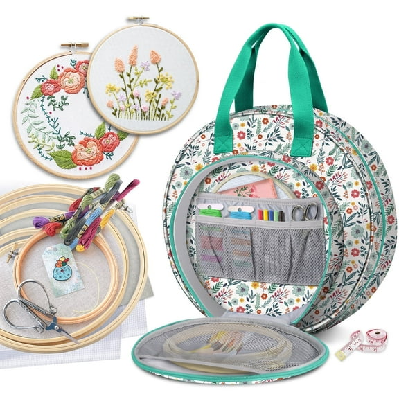 FINPAC Embroidery Project Bag, Embroidery Supplies Storage Carrying Tote Case with Multiple Pockets for Embroidery Floss, Embroidery Hoops, Thread, Stitch Tools Kit, Spring Bloom (Carrying Case only)