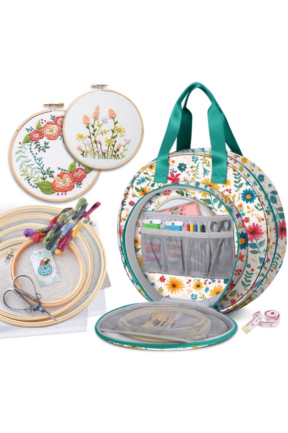 Embroidery Project Bag, Embroidery Supplies Storage Carrying Tote Case with Multiple Pockets for Embroidery Floss, Embroidery Hoops, Thread, Stitch Tools Kit, Apricot Bloom(Carrying Case only)