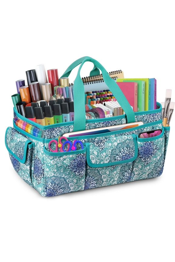 Large Craft Storage Tote Bag with Multiple Pockets, Scrapbooking Carrying Case Storage Caddy with Handle for Sewing, Art, Desktop, Baby Care Supplies, Emerald Illusions