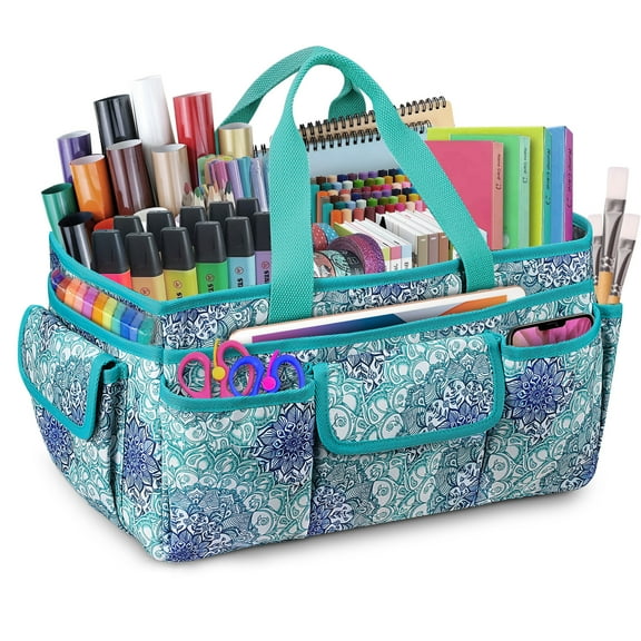 FINPAC Large Craft Storage Tote Bag with Multiple Pockets, Scrapbooking Carrying Case Storage Caddy with Handle for Sewing, Art, Desktop, Baby Care Supplies, Emerald Illusions