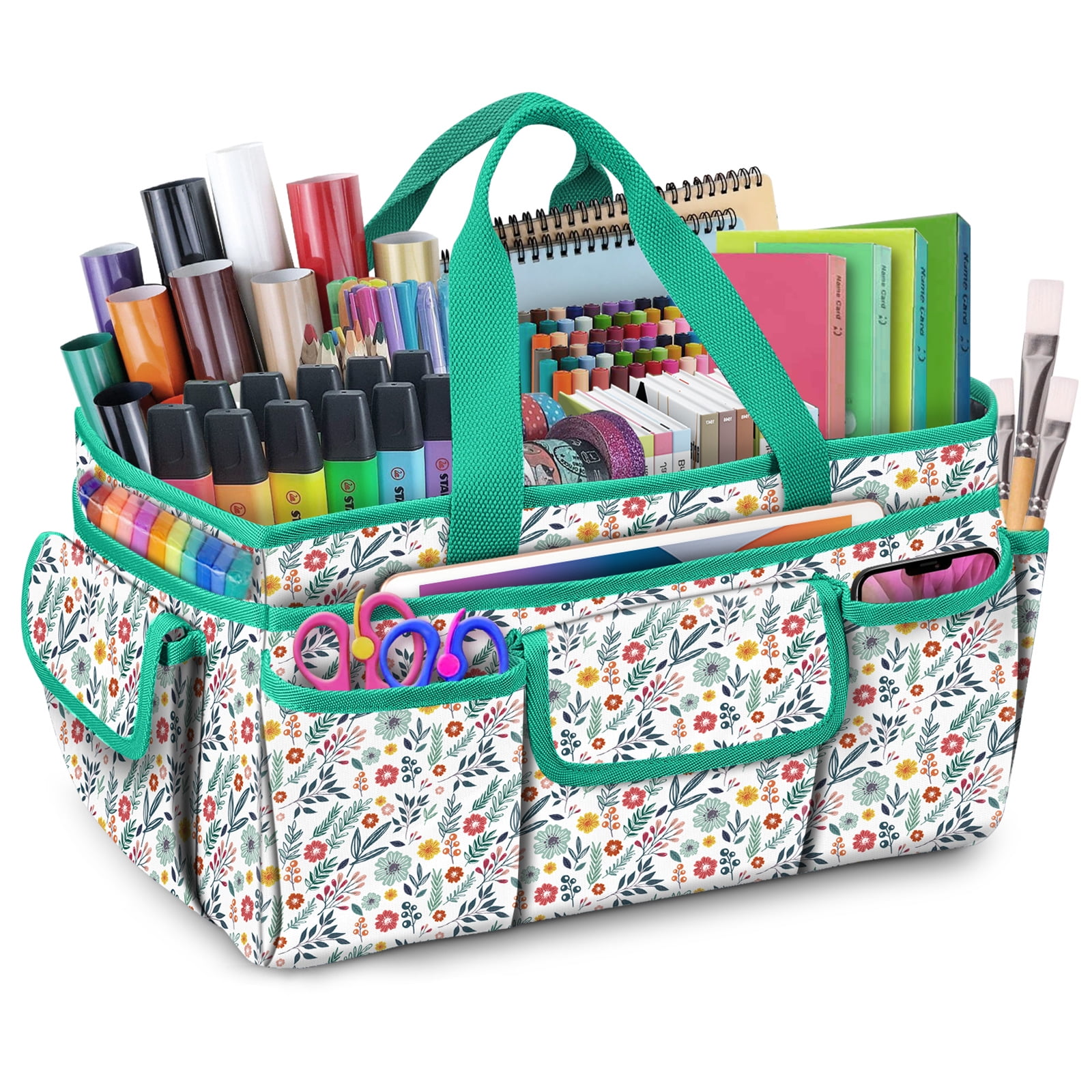 FINPAC Large Craft Storage Tote Bag with Multiple Pockets, Scrapbooking Carrying Case Storage Caddy with Handle for Sewing, Art, Desktop, Baby Care Supplies, Spring Bloom
