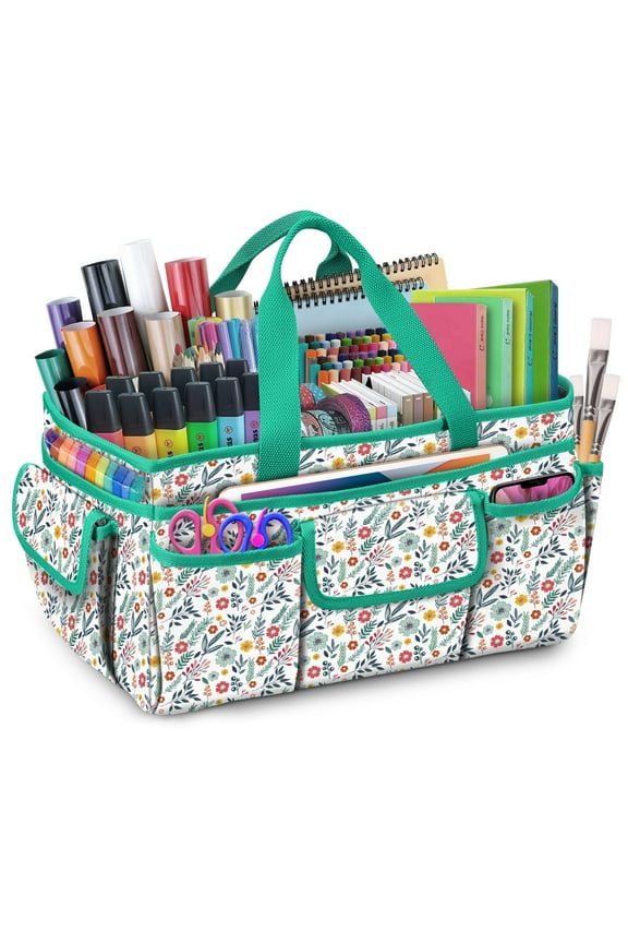 Large Craft Storage Tote Bag with Multiple Pockets, Scrapbooking Carrying Case Storage Caddy with Handle for Sewing, Art, Desktop, Baby Care Supplies, Spring Bloom