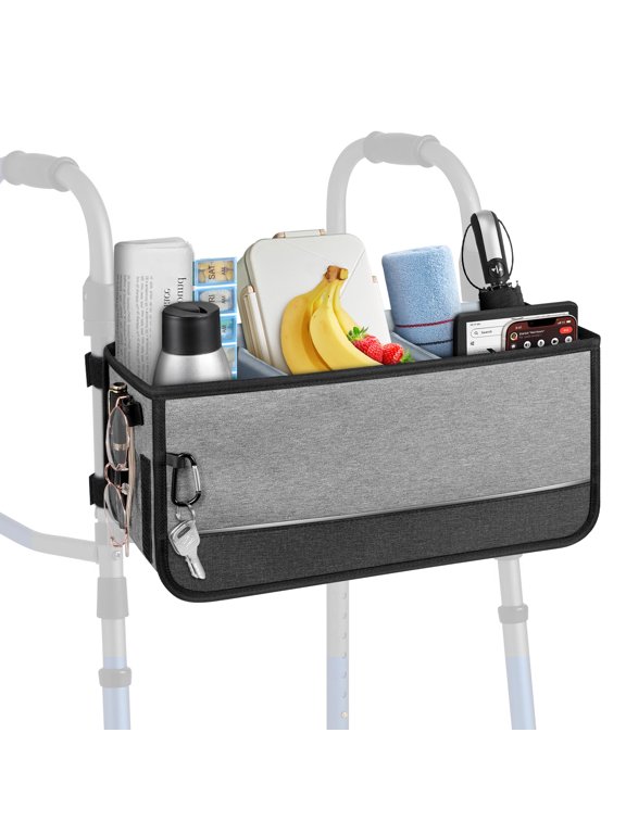 Large Walker Basket for Foldable Walker, Storage Bag Strap Attachment Organizer Pouch with Cup Holder and Dustproof Lids