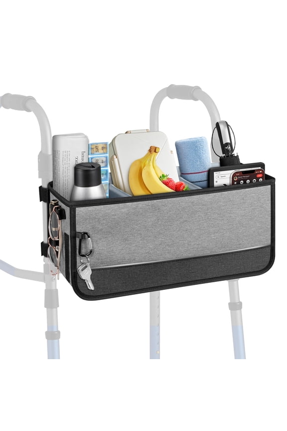 Large Walker Basket for Foldable Walker, Storage Bag Strap Attachment Organizer Pouch with Cup Holder and Dustproof Lids