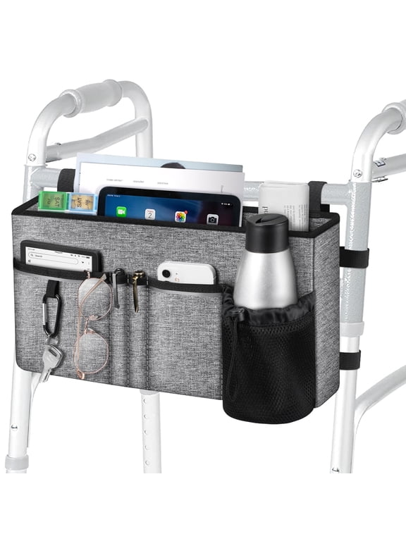 Large Walker Tote Bag with Cup Holder, Folding Walker Attachment Hands-Free Storage Basket Mobility Aid Accessory Pouch for Elderly, Senior, Gray