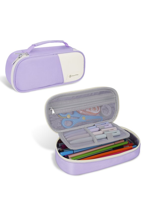 Pencil Case, Large Capacity Multi-Use Pencil Case Box Organizer for Classroom, Office, or Travel with Carry Handle, Purple and Beige
