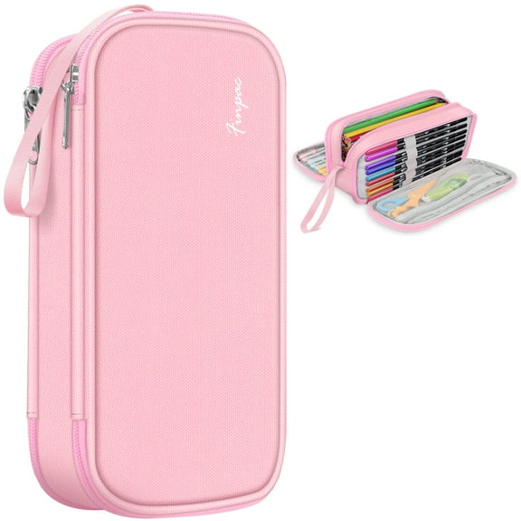 FINPAC Pencil Case, Large Capacity Three-layer Pencil Box, Pen Pouch Stationery Storage Organizer, Office Stationery Supply for Senior, Men, Women, Pink