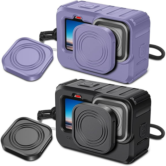 FINPAC Protective Silicone Sleeve Case for GoPro Hero 10/Hero 9 Black - Set of 2 Soft Rubber Waterproof Housing Case with Lanyard and 2X Lens Caps (Black + Lilac Purple)